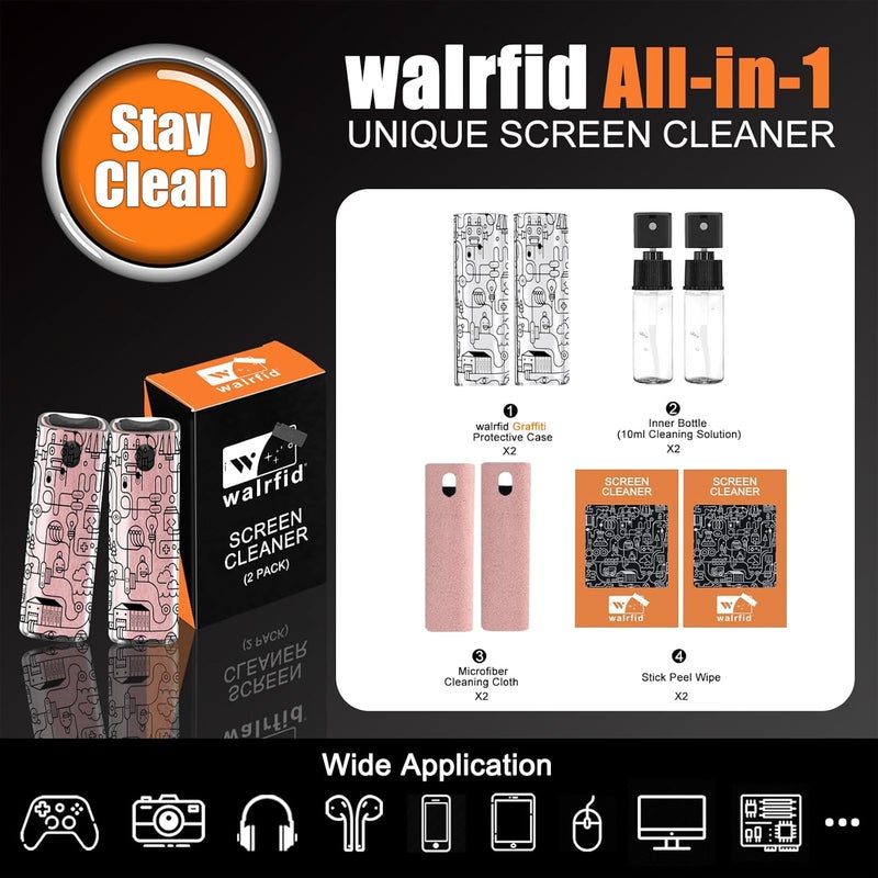 walrfid 2pcs Car Screen Cleaner, Computer Screen Cleaner Spray and Wipe, Laptop Cleaning Mist Kit for Electronic iPad, iPhone, Phone, MacBook, TV, Monitor, Tablet Display, with Graffiti Case, Pink - Image 2